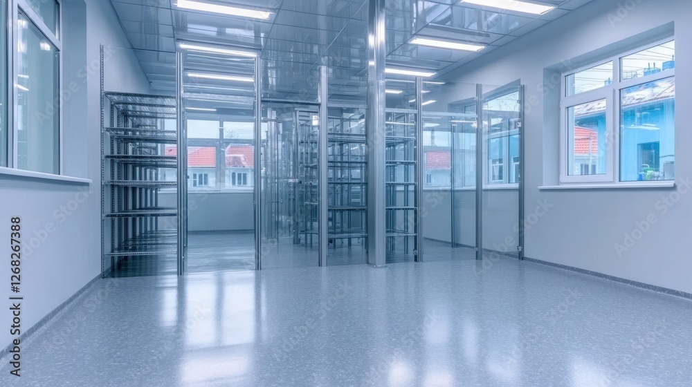 Fototapeta premium Modern, spacious interior with glass partitions and shelving units.