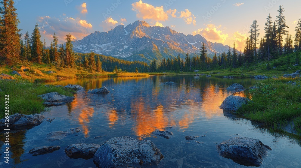 Naklejka premium Serene mountain landscape reflecting in a tranquil lake at sunset.