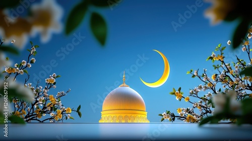 Mosque dome and crescent moon amid blossoms and blue sky