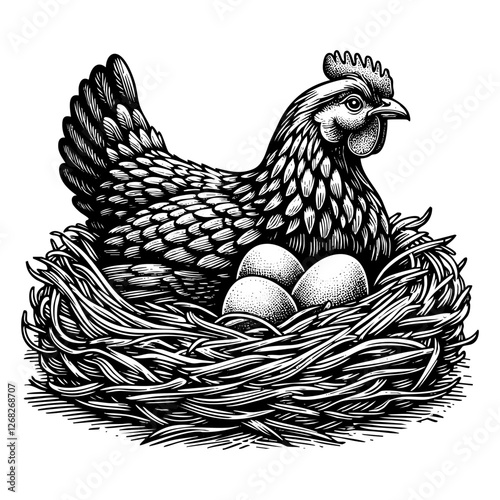 Chicken nest sketch engraving black and white outline. Scratch board imitation.  illustrated in vintage line art style on a white background.
