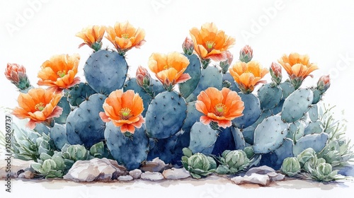 Watercolor prickly pear cactus blossoms desert landscape photo