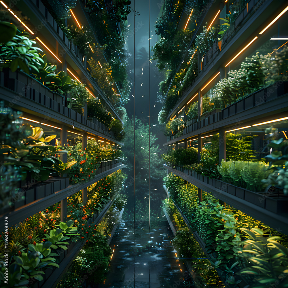 Fototapeta premium Multi-Level Indoor Vertical Garden with Artificial Lighting