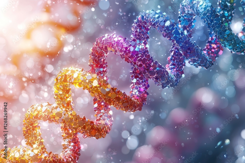Abstract representation of colorful DNA strands shimmering with vibrant hues and sparkling textures, showcasing the beauty of molecular genetics and biological structures Abstract representation of colorful DNA strands shimmering with vibrant hues and sparkling textures, showcasing the beauty of molecular genetics and biological structures