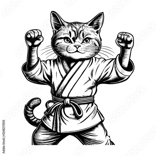 Cat karate sketch engraving black and white outline. Scratch board imitation.
