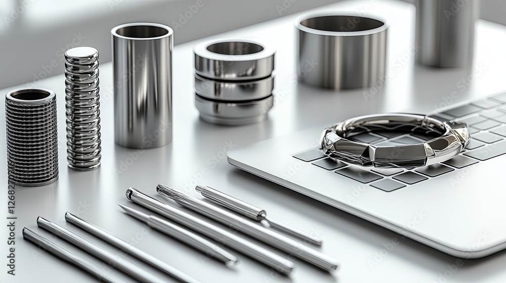 Close-up of various metallic components and tools arranged on a sleek workspace with a laptop Close-up of various metallic components and tools arranged on a sleek workspace with a laptop