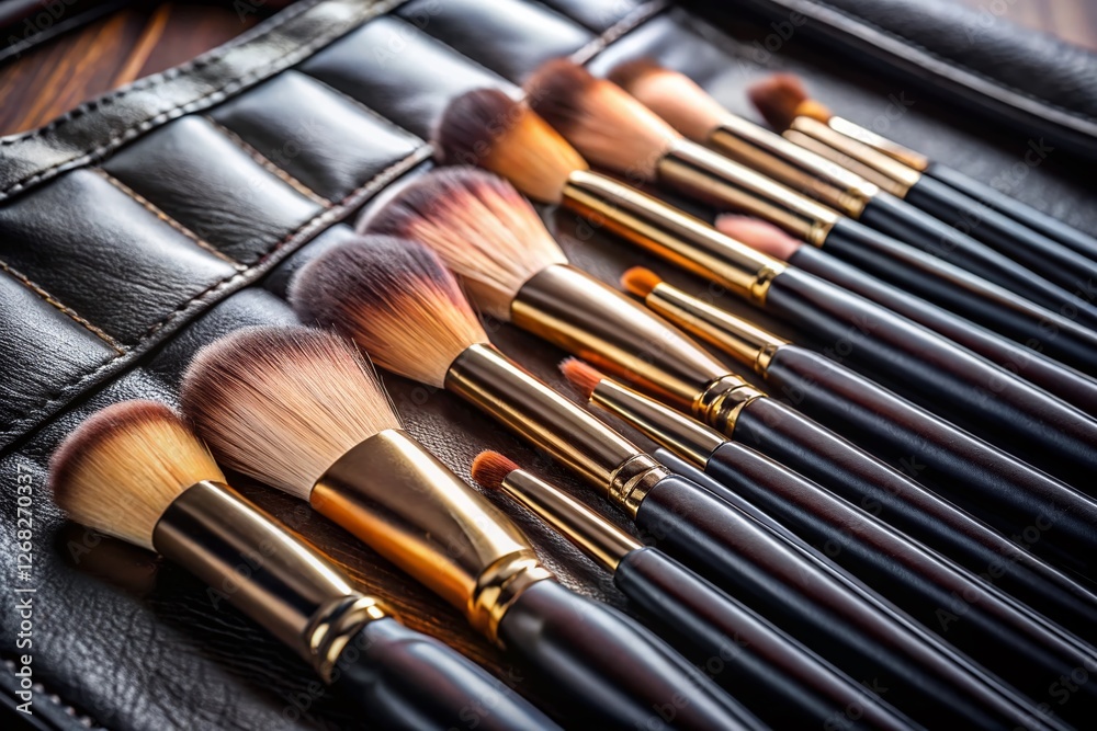 Fototapeta premium Professional Makeup Brushes in Elegant Black Leather Case - Beauty Tools & Accessories Stock Photo