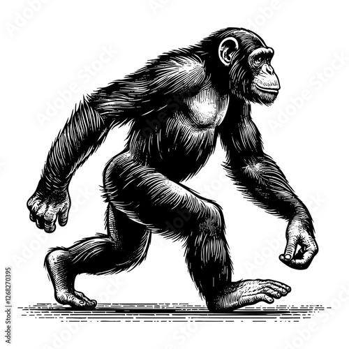 Chimpanzee sketch engraving black and white outline. Scratch board imitation.
