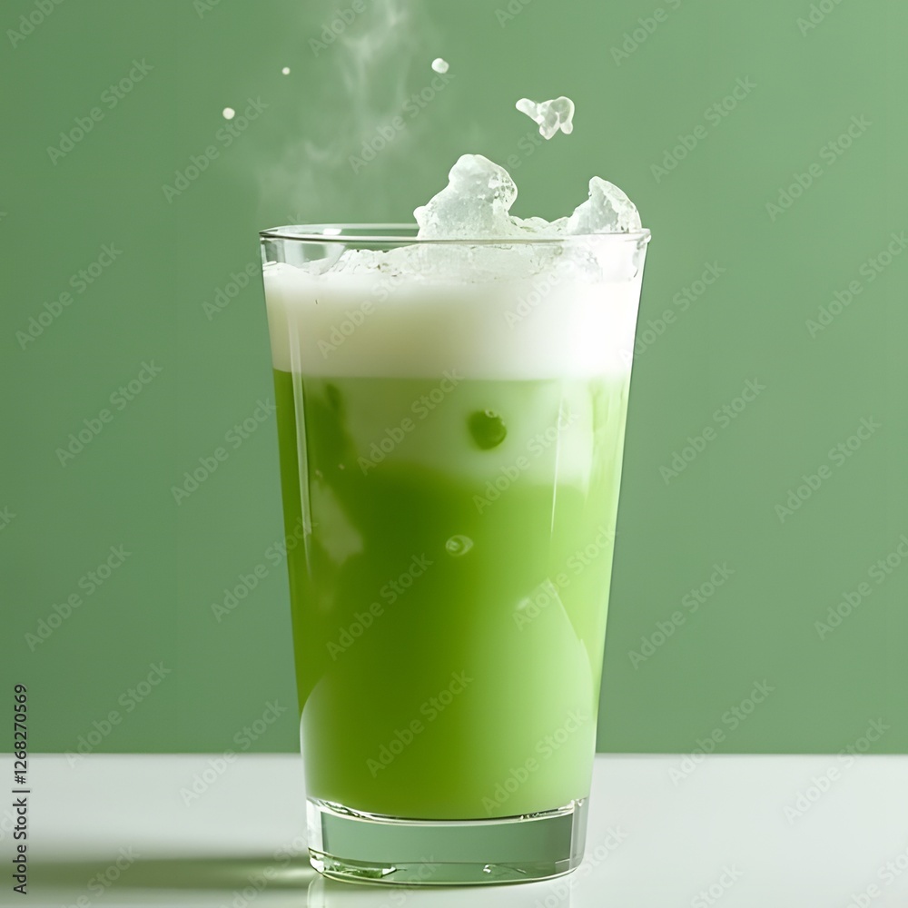 Green tea with ice cream and mint in a glass, a sweet cold dessert drink Green tea with ice cream and mint in a glass, a sweet cold dessert drink