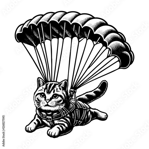 Cat wear parachute sketch engraving black and white outline. Scratch board imitation.
