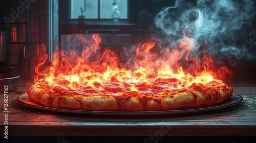 Flaming pizza, kitchen, intense heat, smoke background, digital art photo