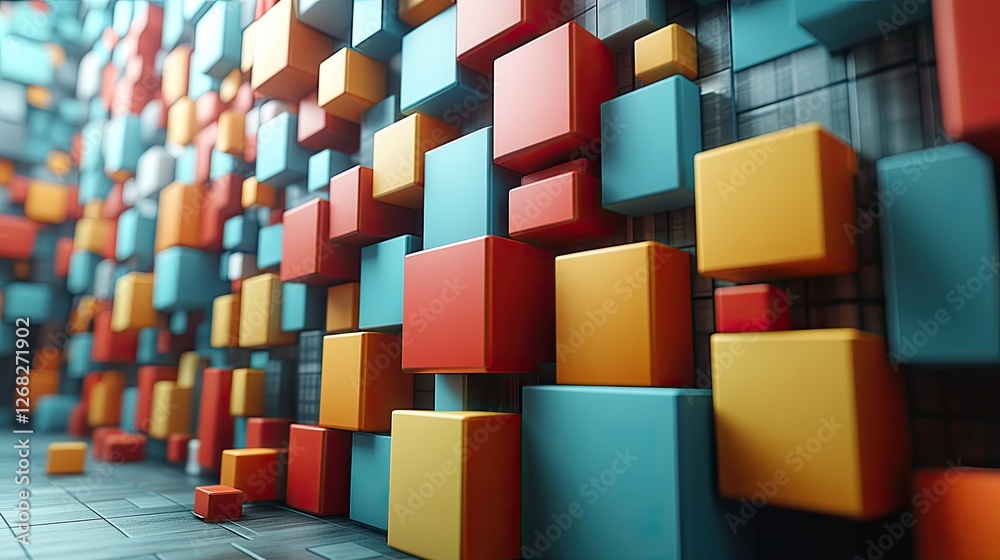 Fototapeta premium Colorful abstract cubes arranged on a wall, creating a vibrant 3D effect in a modern space