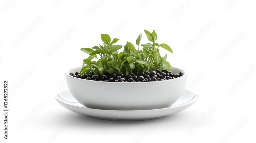 Basil sprouts in black beans, bowl, white background; healthy food recipe Basil sprouts in black beans, bowl, white background; healthy food recipe