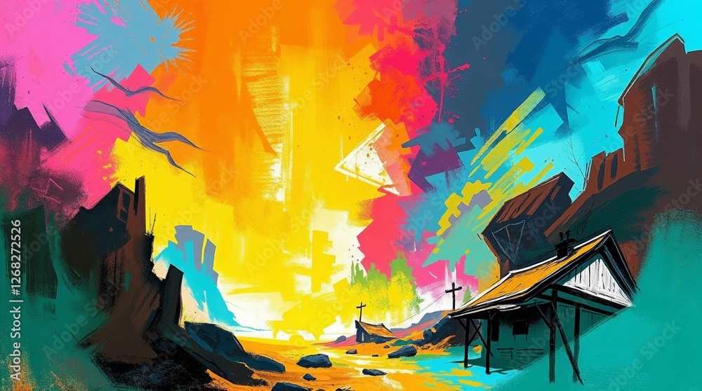 Fototapeta premium vibrant landscape painting with colorful sky and abstract mountains artistic expression