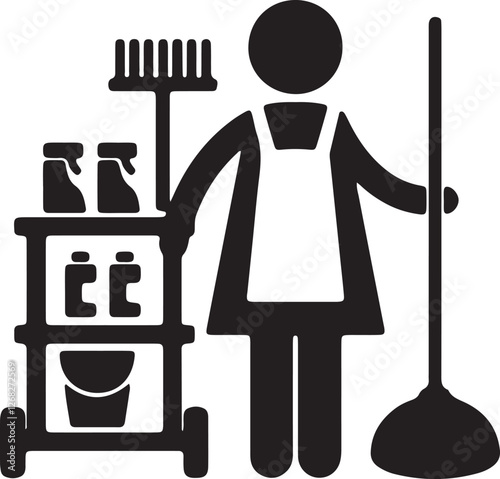 Illustration of a female cleaning service worker carrying complete cleaning equipment