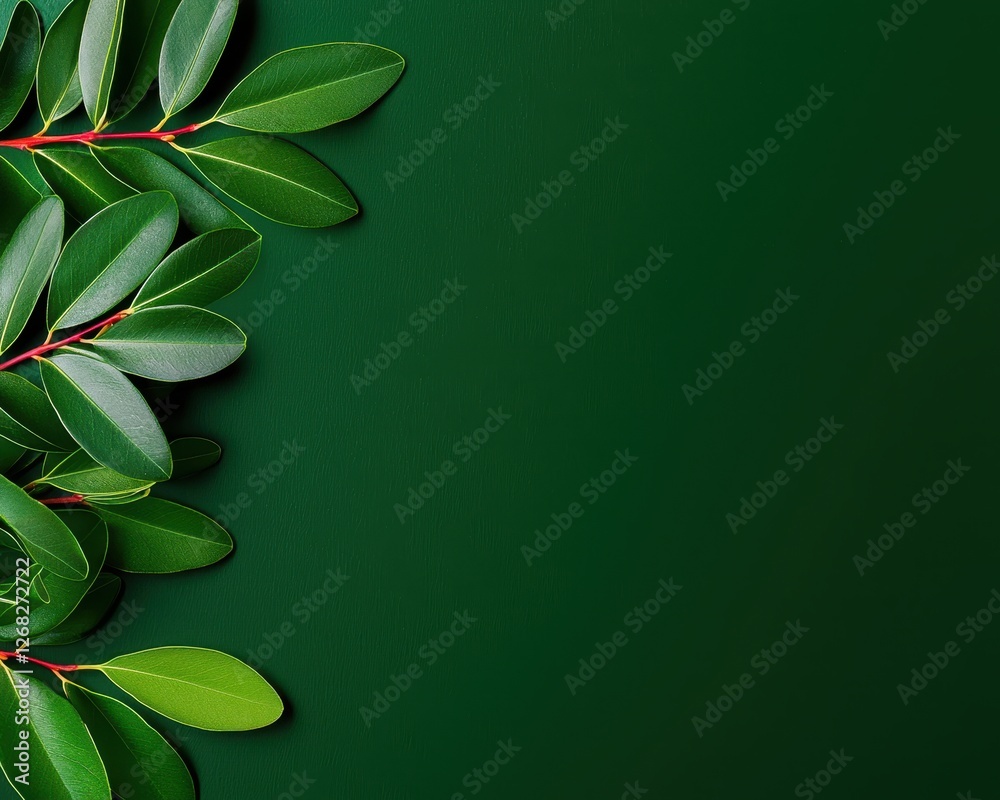 Fototapeta premium Green leaves arranged artistically on a deep green background for nature themes.