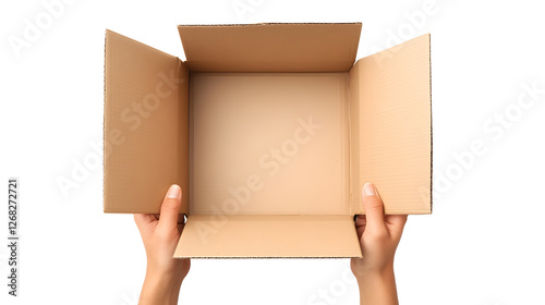 Hands holding cardboard box isolated on transparent background, top view
