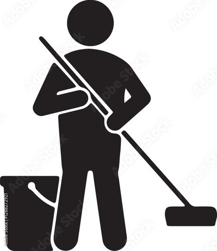 Illustration of a stickman carrying a mop and a bucket for cleaning