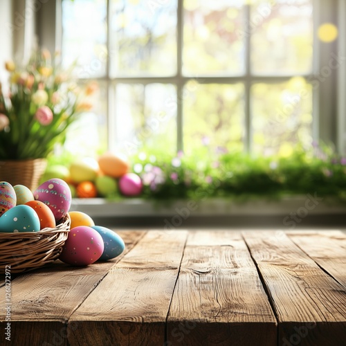 Desk of free space and Easter time. Blurred background of window space. Easter background with a wooden table top and Easter decorations in the window