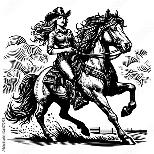 cowgirl riding horse on desert sketch engraving black and white outline. Scratch board imitation.
