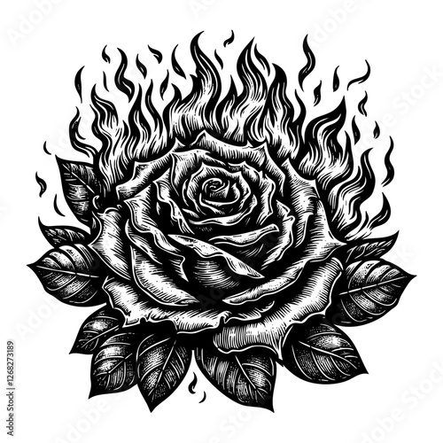 Burning rose flower engraving black and white outline. Scratch board imitation.  illustrated in vintage line art style on a white background.
