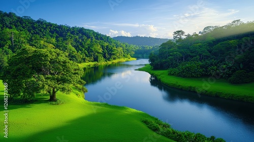 Serene River Winding Through Lush Green Tropical Landscape