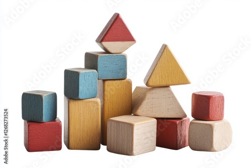 Colorful wooden blocks stacked, studio shot, white background, child's play photo