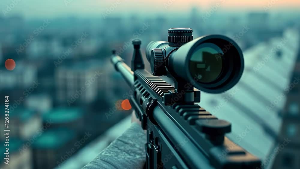 A dramatic first-person perspective of a sniper positioned on a rooftop, aiming through a scope, overlooking an urban landscape with high tension.