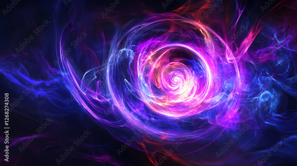 Fototapeta premium Vibrant mystic energy orb with spiral glow particles on dark background. Silken Mist Spirits. Illustration