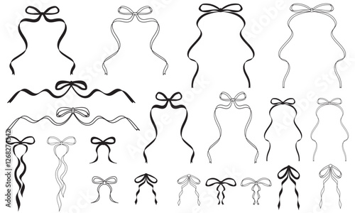 Whimsical Hand Drawn Long Ribbon Bows for Card Making Wedding Invites, Invitations, Christmas Cards, Scrapbooking, Birthday Cards, Gift Ribbons. Collection set of wavy vector bows 