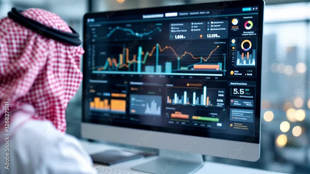 Arab businessman analyzing financial data on a computer screen