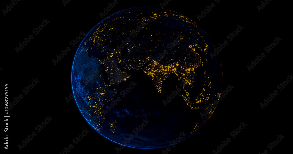 Obraz premium A stunning view of planet Earth at night, illuminated by glowing lights on a dark background.