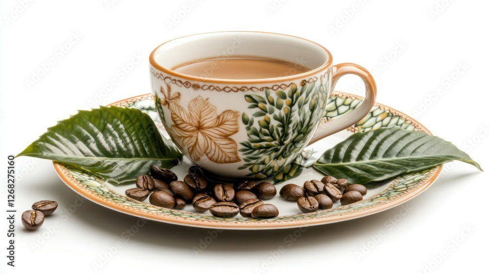 Coffee cup, saucer, beans, leaves, white background; beverage advertisement Coffee cup, saucer, beans, leaves, white background; beverage advertisement
