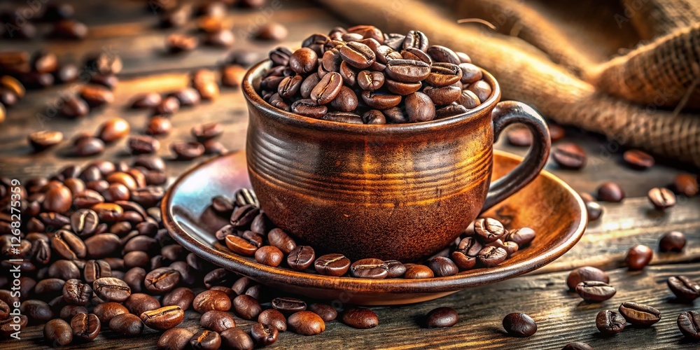 Rustic Ceramic Cup Filled with Aromatic Coffee Beans - Stock Photo Rustic Ceramic Cup Filled with Aromatic Coffee Beans - Stock Photo