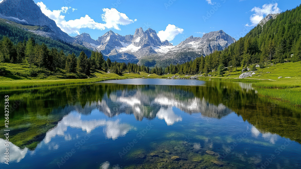 Fototapeta premium breathtaking mountain lake reflecting surrounding peaks and trees