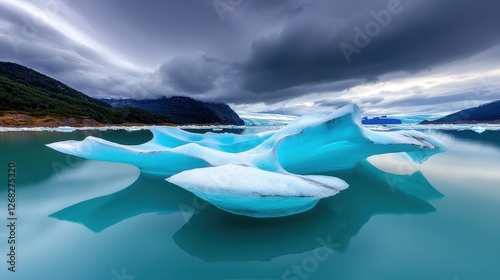 Turquoise iceberg floats serenely on tranquil water under cloudy skies
