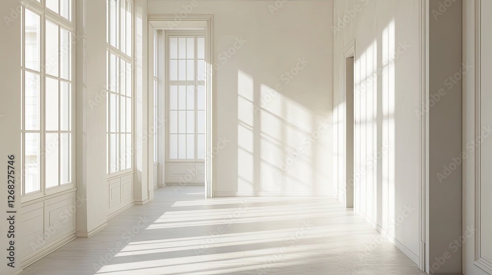 Fototapeta premium Sunlit Hallway with White Walls and Windows