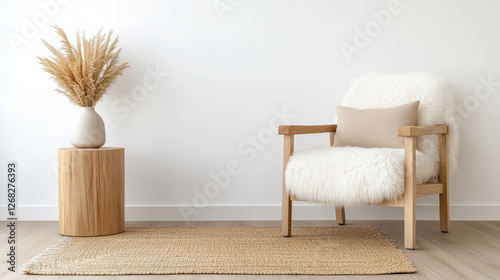 cozy Nordic inspired corner with sheepskin rug and stylish chair