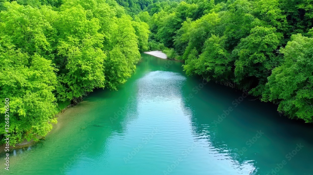 Emerald river flows serenely between lush green forest banks Emerald river flows serenely between lush green forest banks