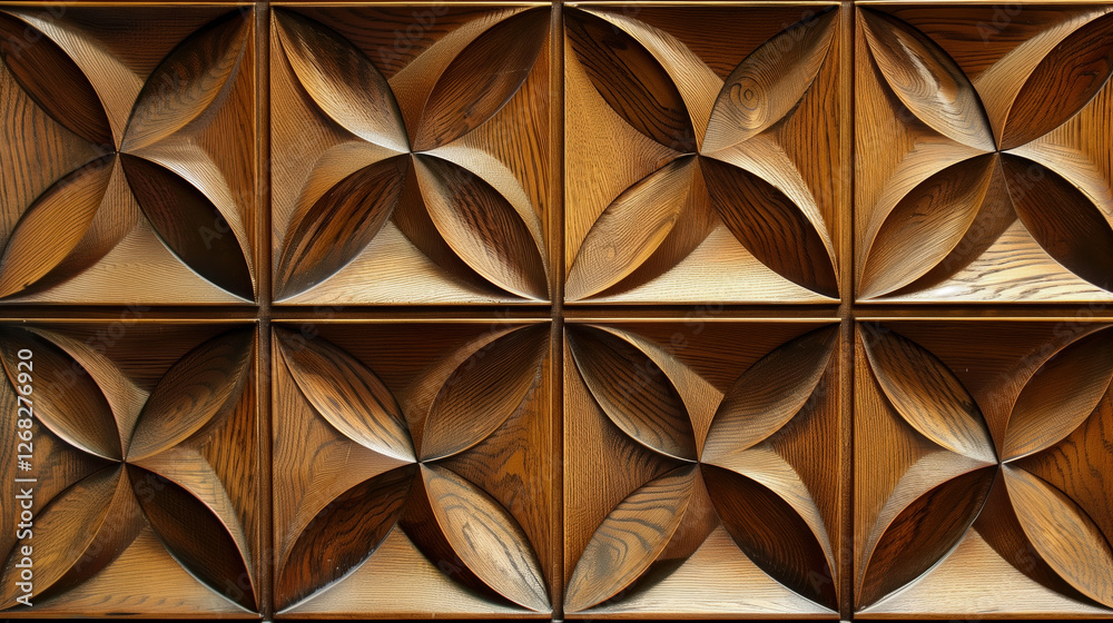 Intricate brutalist wooden wall panels with geometric patterns displayed in a modern interior space during daylight. Intricate brutalist wooden wall panels with geometric patterns displayed in a modern interior space during daylight.