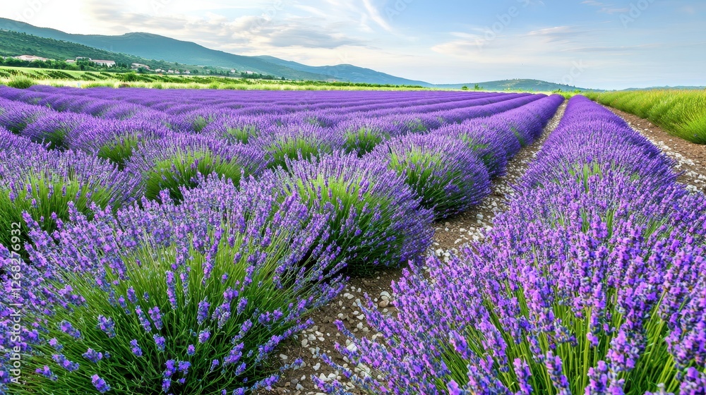 Obraz premium Extensive lavender fields stretch towards distant mountains under bright sky
