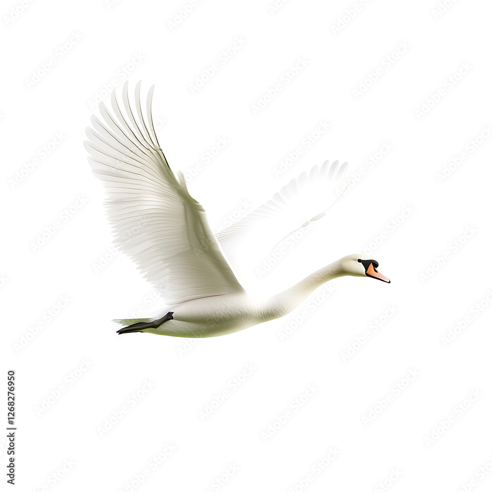 Obraz premium majestic white swan flying gracefully with spread wings against white background, symbolizing freedom and elegance