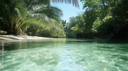 Tranquil Tropical River Scene Bright Sunlight Filters Through Lush Green Forest Canopy