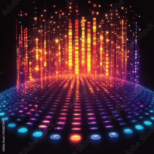 Abstract digital sphere stage with vibrant light patterns photo