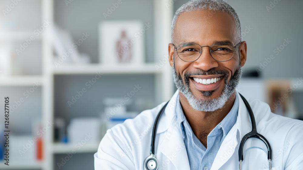 smiling doctor in clinic, wearing white coat and stethoscope smiling doctor in clinic, wearing white coat and stethoscope