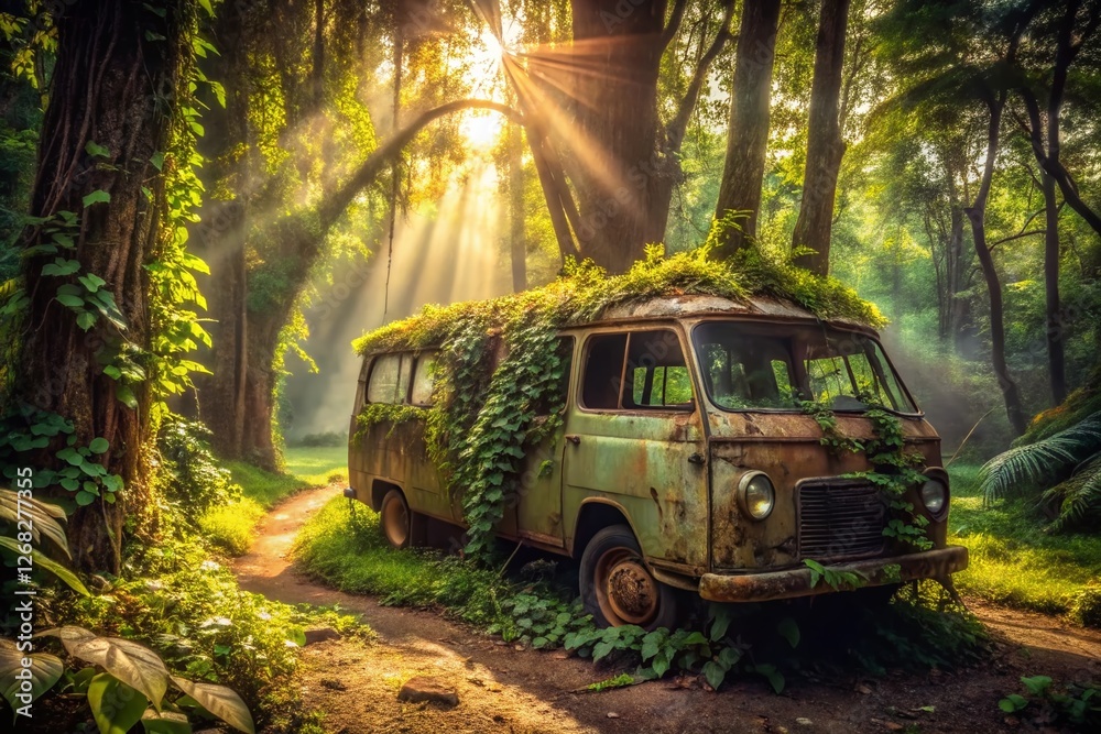 Rusty Minivan Abandoned in Forest - Overgrown Nature Photography Rusty Minivan Abandoned in Forest - Overgrown Nature Photography