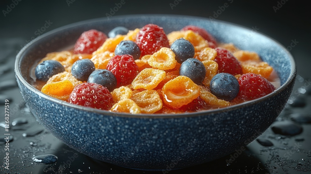 Bowl of cereal with berries on dark surface Bowl of cereal with berries on dark surface