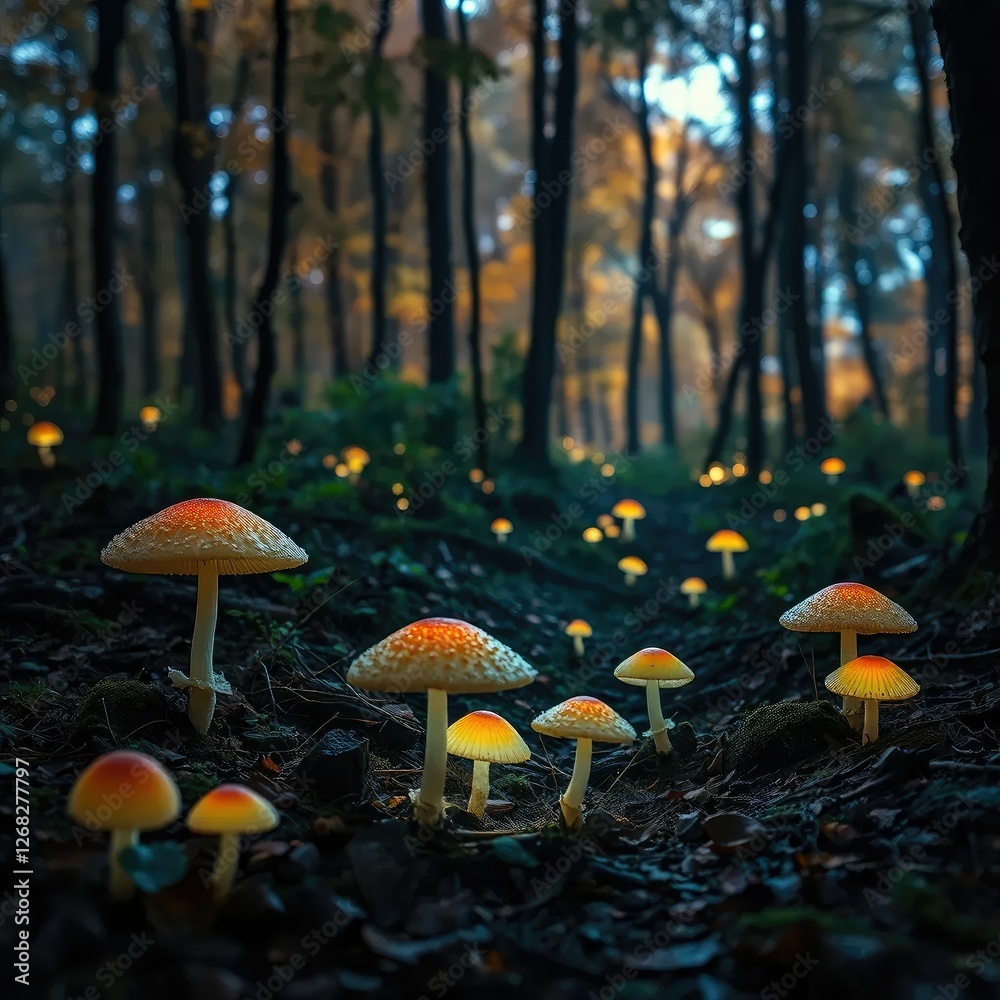 Fototapeta premium Forest floor illuminated by soft glowing mushrooms, woodlands, peaceful