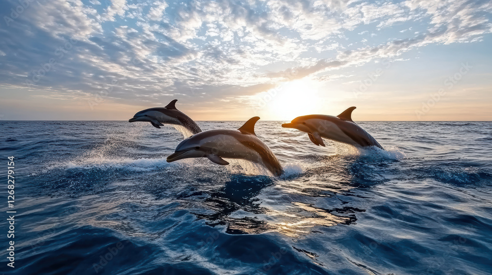 Obraz premium Dolphins leaping joyfully out of ocean at sunset, creating beautiful scene