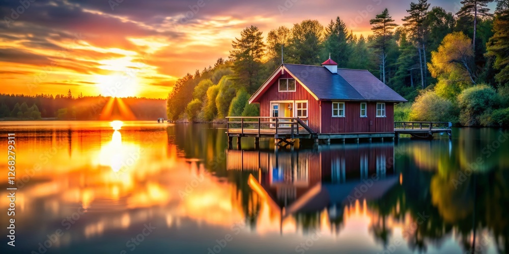 Fototapeta premium Serene Boathouse on Calm Lake at Sunset with Bokeh, Romantic Lakeside Scene