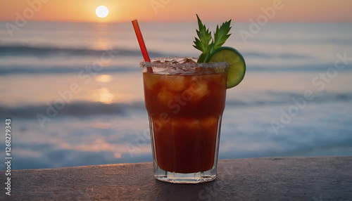 glass of bloody mary cocktail near the beach